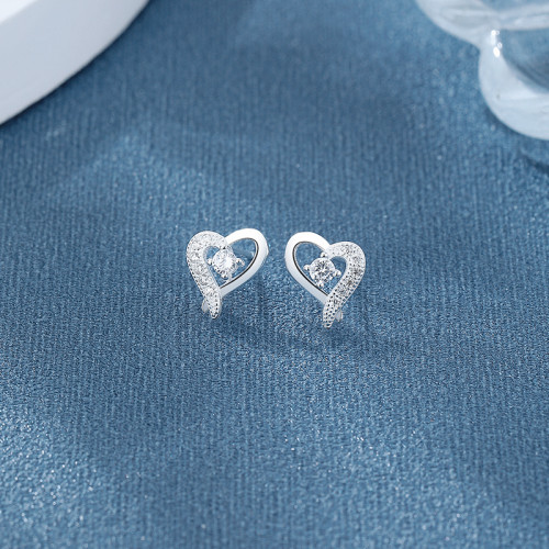 White Circle Zircon&Heart 925 Sterling Silver Cubic Zirconia Women'S Stud Earrings Wholesale Jewelry