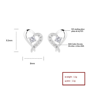 Pendientes de botón de plata de ley 925 con circonita cúbica y corazón de circonita blanca para mujer, joyería al por mayor
