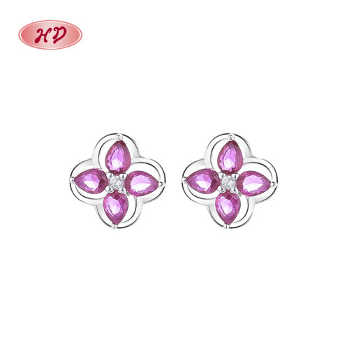 Pink Flowers 925 Sterling Silver Women's Stud Earrings Cubic Zirconia For Wholesale Jewelry