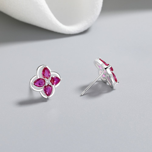 Pink Flowers 925 Sterling Silver Women's Stud Earrings Cubic Zirconia For Wholesale Jewelry