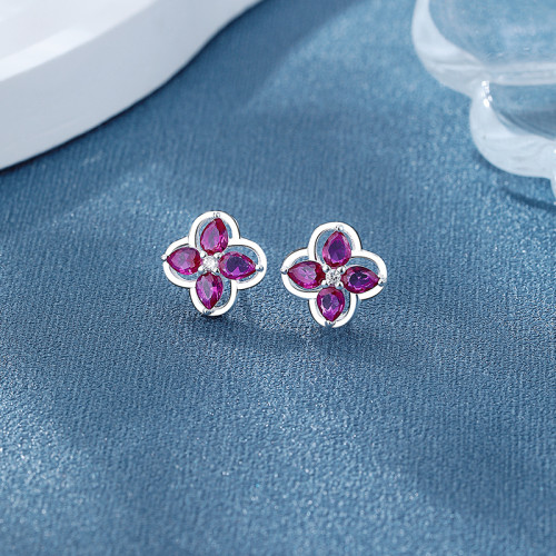 Pink Flowers 925 Sterling Silver Women's Stud Earrings Cubic Zirconia For Wholesale Jewelry