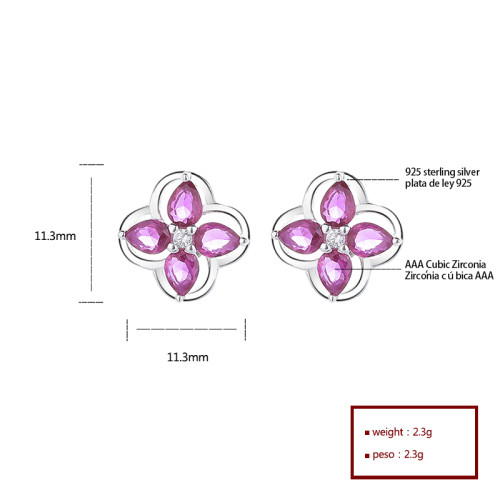 Pink Flowers 925 Sterling Silver Women's Stud Earrings Cubic Zirconia For Wholesale Jewelry