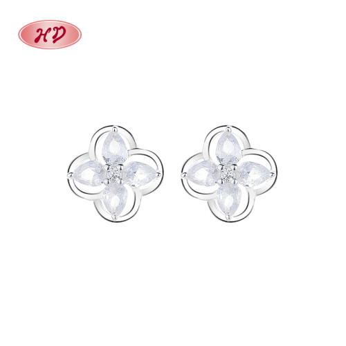 White Flowers 925 Sterling Silver Women's Stud Earrings Cubic Zirconia For Wholesale Jewelry