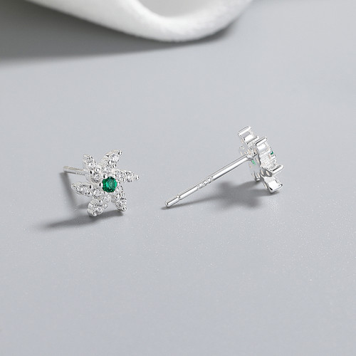 Classic Green 925 Sterling Silver Women's Stud Earrings With Flower Cubic Zirconia