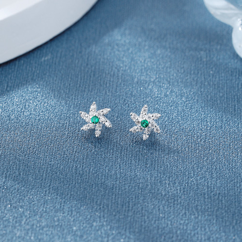 Classic Green 925 Sterling Silver Women's Stud Earrings With Flower Cubic Zirconia