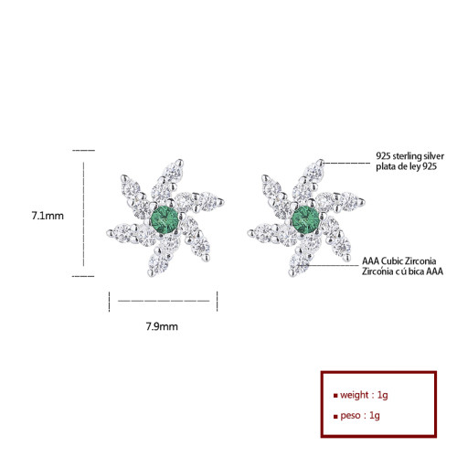 Classic Green 925 Sterling Silver Women's Stud Earrings With Flower Cubic Zirconia