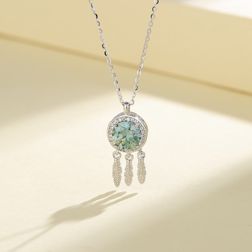 925 Silver Necklace Factory Green Zircon Bohemian Style Women's Necklace