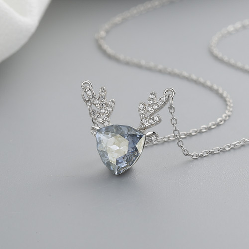 Silver S925 Deer Horn Large Blue Cubic Zirconia Chain Necklace