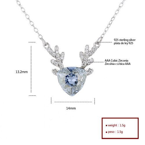 Silver S925 Deer Horn Large Blue Cubic Zirconia Chain Necklace