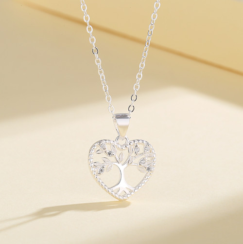 Life Tree Heart Necklace Wholesale 925 Silver CZ Necklace | Hollow Heart Design Women's Jewelry