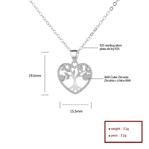 Life Tree Heart Necklace Wholesale 925 Silver CZ Necklace | Hollow Heart Design Women's Jewelry