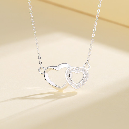 Aaa Zirconia S925 Sterling Charm Silver Double Heart Pendant Necklaces For Wholesale