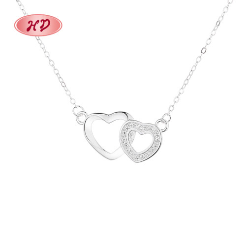 Collares colgantes de doble corazón de plata de ley S925 con circonita AAA al por mayor