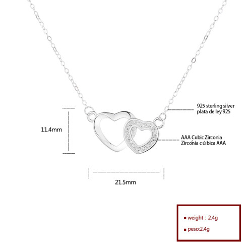 Aaa Zirconia S925 Sterling Charm Silver Double Heart Pendant Necklaces For Wholesale