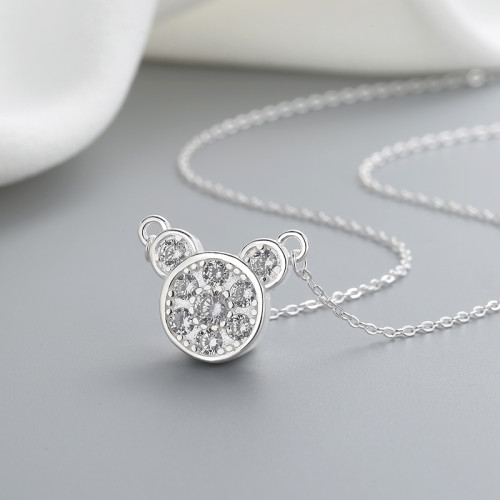 Silver S925 Zircon Bear Animal Large White Cubic Zirconia Chain Necklace