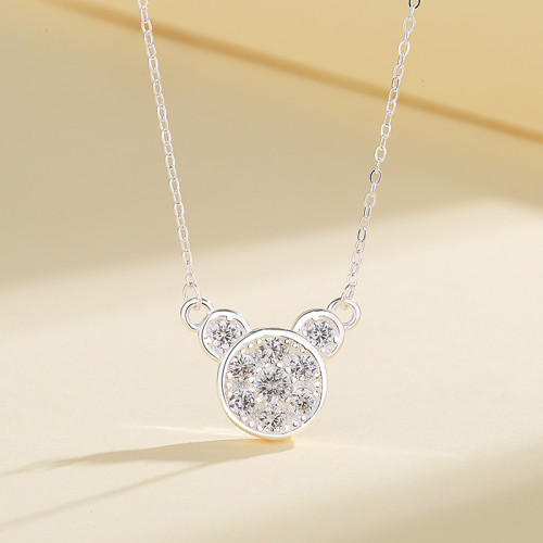 Silver S925 Zircon Bear Animal Large White Cubic Zirconia Chain Necklace