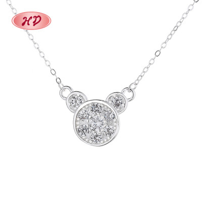 Silver S925 Zircon Bear Animal Large White Cubic Zirconia Chain Necklace