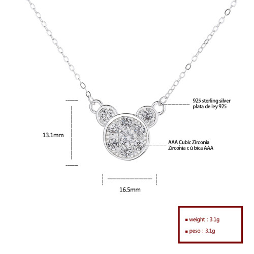 Silver S925 Zircon Bear Animal Large White Cubic Zirconia Chain Necklace