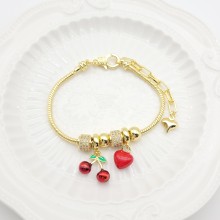 Pulsera china al por mayor con diseño de cereza y corazón, chapada en oro de 18 quilates, para mujer.