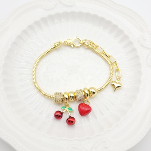 Pulsera china al por mayor con diseño de cereza y corazón, chapada en oro de 18 quilates, para mujer.