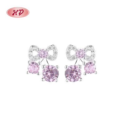 925 Silver Stud Earrings | Pink AAA Zircon Bow Women's Jewelry Wholesale