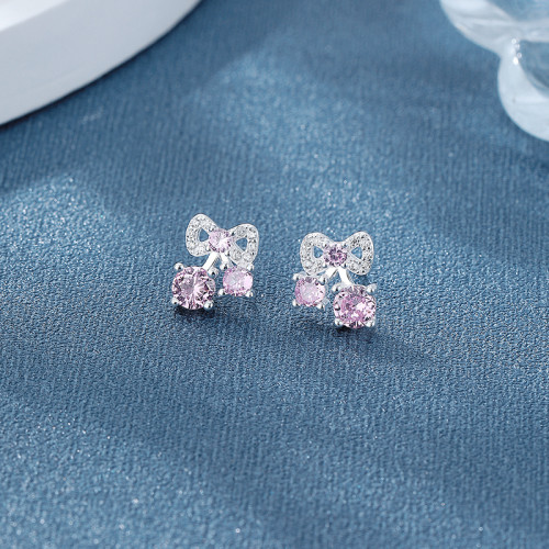 925 Silver Stud Earrings | Pink AAA Zircon Bow Women's Jewelry Wholesale