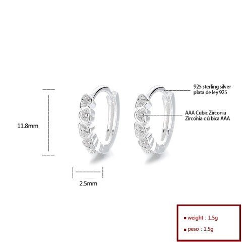 Pendientes Huggies de corazón | Joyería de plata 925 con circonitas blancas AAA al por mayor para mujeres
