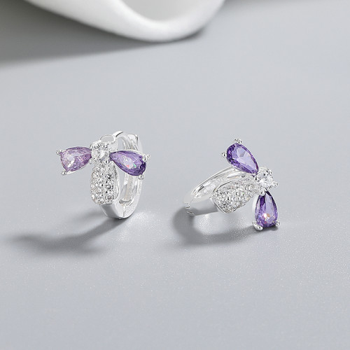 Pendientes de plata 925 con forma de animal | Pendientes Huggie con mariposa de circonita morada para mujer