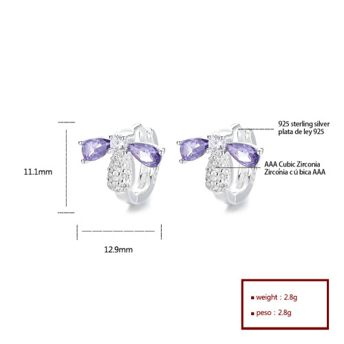 Pendientes de plata 925 con forma de animal | Pendientes Huggie con mariposa de circonita morada para mujer