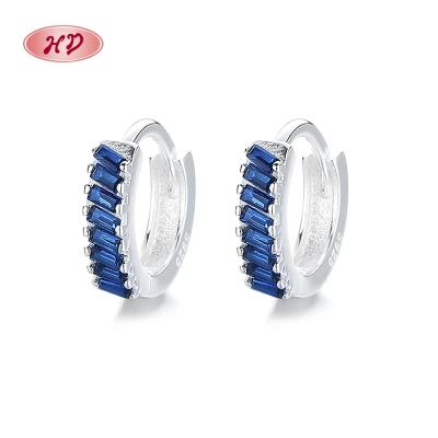 Wholesale Sterling Silver CZ Earrings | Blue Geometric Block Design Women's Huggies Earrings Jewelry