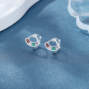S925 Earrings Wholesale | Dopamine Colored Zircon Fan Style Niche Design Women's Jewelry