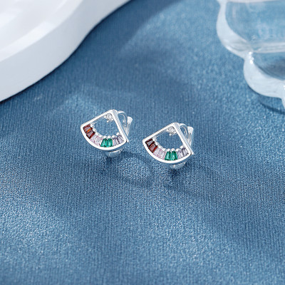 S925 Earrings Wholesale | Dopamine Colored Zircon Fan Style Niche Design Women's Jewelry