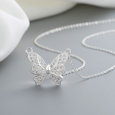 925 Silver Necklace Factories | Micro Paved White Zircon Butterfly High-End Women's Jewelry Necklace