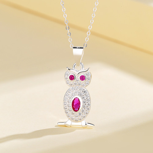 Wholesale Silver Necklace | Owl Inlaid Red Aaa Zircon Fashion Pendant 925 Silver Jewelry