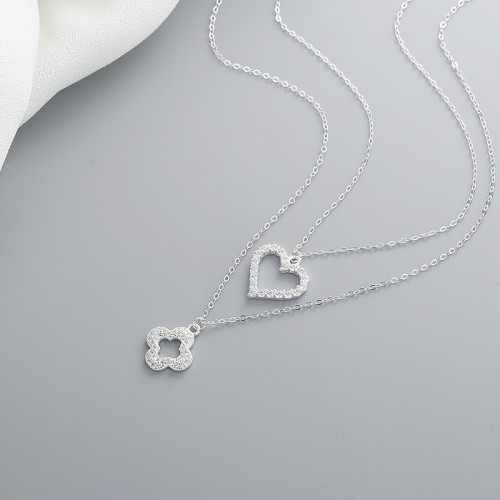 Necklace Wholesale China | Hollow Heart & Flower Double Layer Chain 925 Silver Jewelry Necklace