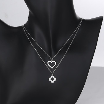 Necklace Wholesale China | Hollow Heart & Flower Double Layer Chain 925 Silver Jewelry Necklace