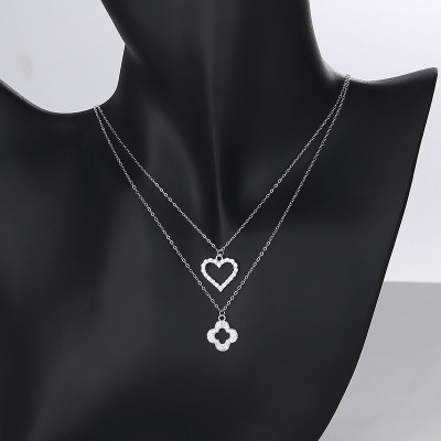 Necklace Wholesale China | Hollow Heart & Flower Double Layer Chain 925 Silver Jewelry Necklace