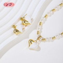Trendy 18k Gold - Plated Heart & Pearl Jewelry Set | Bulk and Custom Sets Bridal Jewelry For Women by Hengdian Jewelry