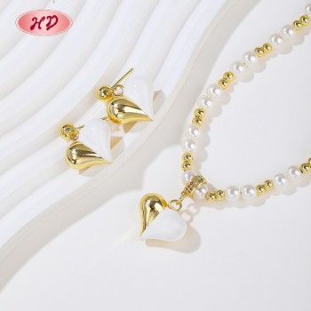 Trendy 18k Gold - Plated Heart & Pearl Jewelry Set | Bulk and Custom Sets Bridal Jewelry For Women by Hengdian Jewelry