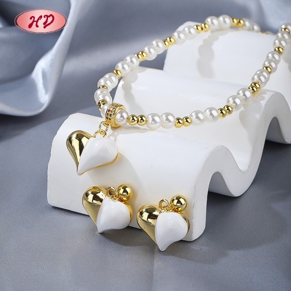 Trendy 18k Gold - Plated Heart & Pearl Jewelry Set | Bulk and Custom Sets Bridal Jewelry For Women by Hengdian Jewelry