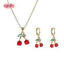 Conjunto de collar y aretes de cereza bañados en oro de 18 quilates | Joyería de moda al por mayor de Hengdian