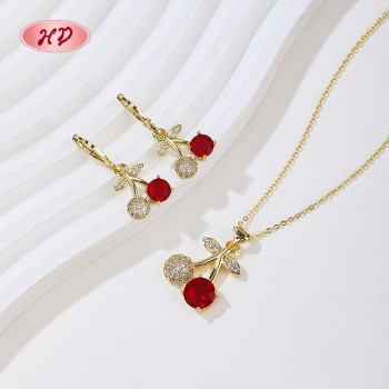 Pretty Cherry Zircon 18k Gold - Plated Brass Jewelry Set | Wholesale Women Earring Necklace for parties and Daily