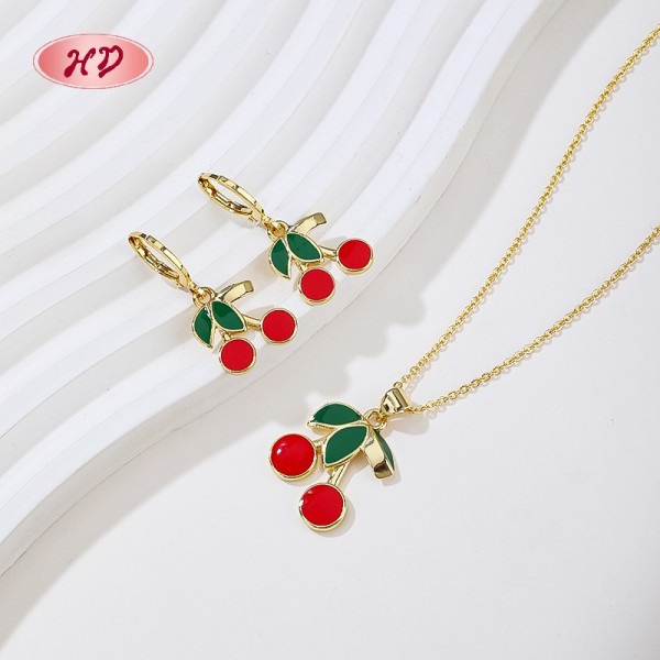 Cute Cherry - Shaped 18k Gold Wedding Jewelry Set | Wholesale Women's Earring and Necklace For Parties and Travel