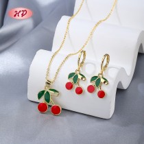 Cute Cherry - Shaped 18k Gold Wedding Jewelry Set | Wholesale Women's Earring and Necklace For Parties and Travel