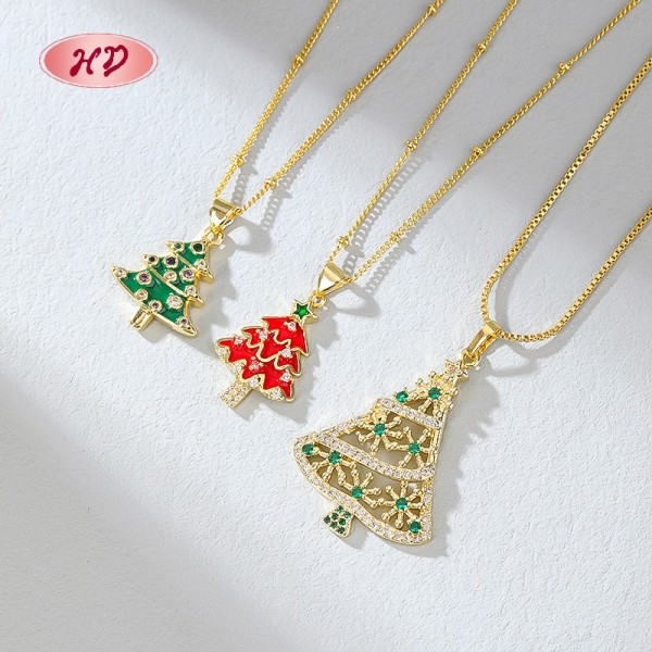 Collar con colgante de árbol de Navidad de cobre y oro de 18 quilates para mujer | Joyería Hengdian para fiestas y bodas