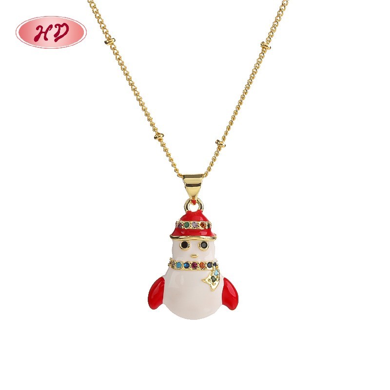 Precioso collar de muñeco de nieve de oro de 18 quilates para mujer | Diseño de crayón de aleación de cobre para Navidad