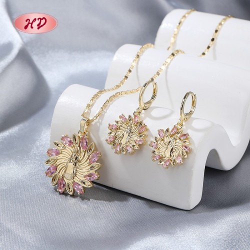 Elegante conjunto de collar y aretes con flores en oro de 18 quilates | Joyería Hengdian al por mayor para mujer