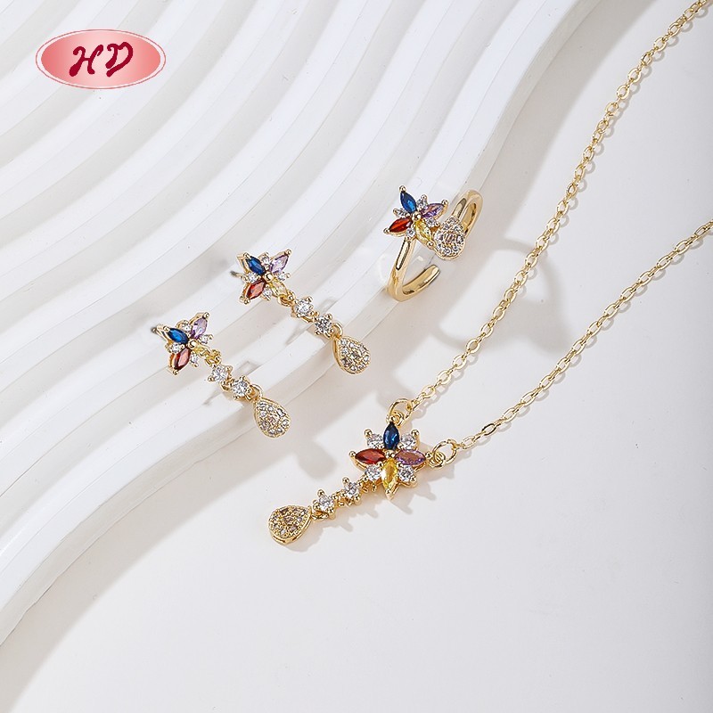 Trendy 18K Gold-Plated Butterfly Earrings, Ring & Necklace Set