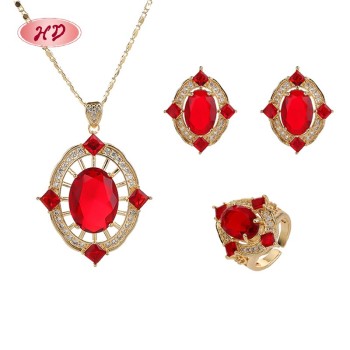 18K Gold Plated Red Gem Ring Necklace Earrings Set | Hengdian Jewelry Bulk for Gift Bridal | Women's Copper Jewelry Set