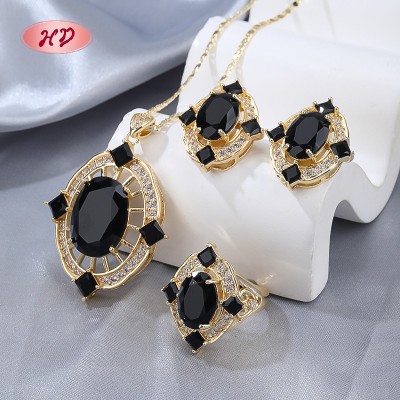 Cute 18K Gold-plated Black Zircon Ring Necklace Earrings Set | Women's Brass Jewelry Set for Daily Accessory